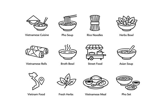 Vietnamese cuisine icons featuring pho, rice noodles, herbs, vietnamese rolls, and street food
