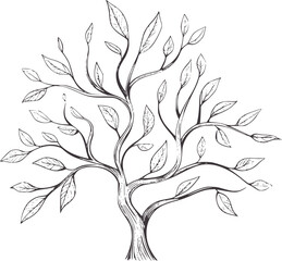 Hand drawn of a stylized tree with delicate leaves handdrawn branches nature