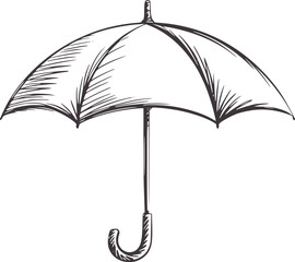 Hand drawn open umbrella with curved handle in style handdrawn monochrome grey