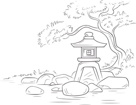 Japanese stone lantern and tree by water with rocks