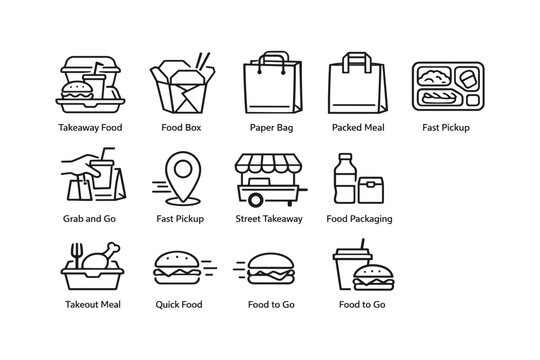 Takeaway food icons: burger, paper bag, drink, fast pickup, street vendor, meal box