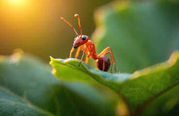 Fototapeta premium Closeup of bright red ant crawling on vibrant green leaf, illuminated by warm golden hour sunlight. Insect with segmented body and antennae explores flora, tiny detail in nature.