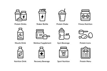 Fototapeta na wymiar Fitness nutrition icons: protein drinks, shaker bottle, workout supplements