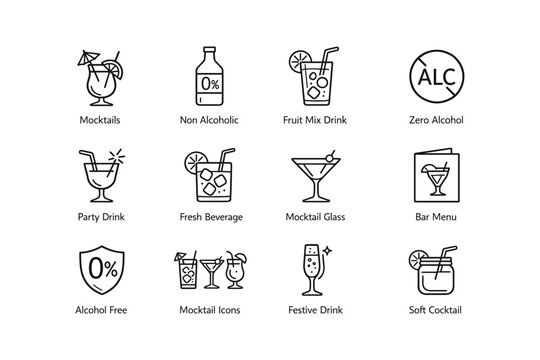 Mocktail icons set with non-alcoholic drink symbols and bar menu graphics