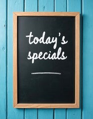 Fototapeta premium Blackboard with todays specials written in white chalk. Natural wood frame contrasts with painted blue wood background. Copy space available for custom menu text.