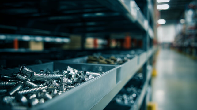 hardware store / warehouse aisle with metal shelves filled with bolts, screws, nuts and washers, close-up focus on the front row of shiny metal fasteners, stacked neatly in bins, l