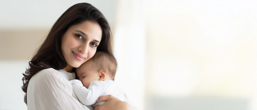 Middle Eastern Arab mother holding her baby in a bright airy home, warm natural window light, soft neutral tones, baby resting in mother&acirc;s arms, gentle affectionate smile, subject