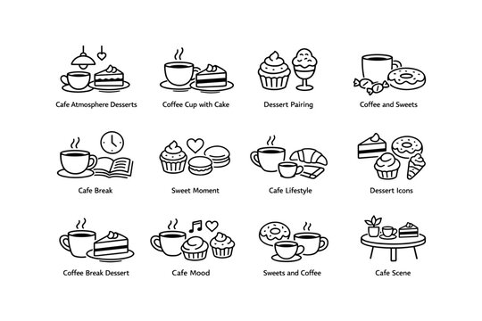 Cafe desserts and coffee icons collection for sweet moments and relaxing atmosphere