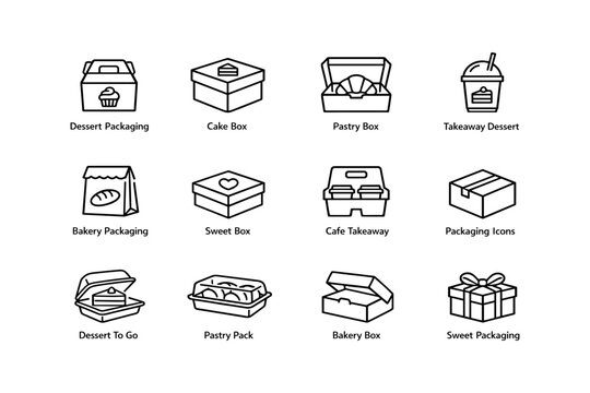 Various dessert and bakery packaging icons including cake box and takeaway options