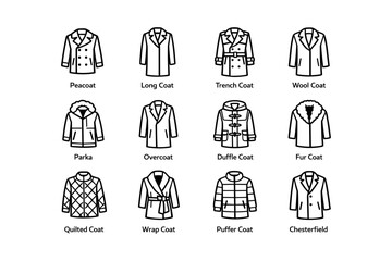 Collection of various coat styles with illustrations and labels
