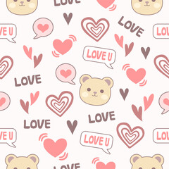 Cute Bear and Love Icons Seamless Pattern 