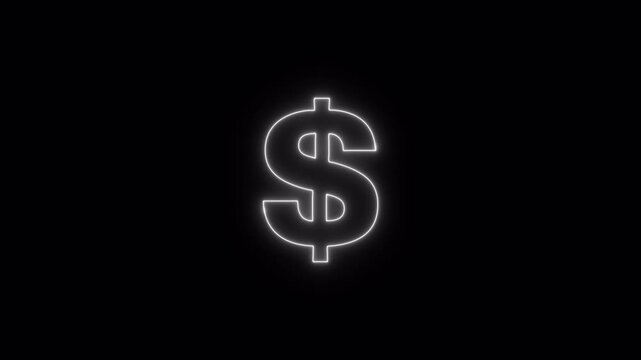 Dollar icon animation, glowing neon dollar sign, financial and wealth concept symbol on black background. Neon dollar icon.	