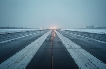 Obraz premium Airport runway covered in snow and ice. Aircraft lights glow dimly in the foggy distance. Cold weather aviation operations on tarmac. Winter conditions at aerodrome.