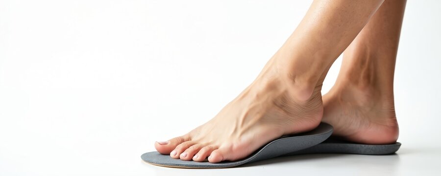 Female feet testing new orthotic insoles for comfort and support on a white background. Woman checks shoe inserts for arch pain relief and better posture.