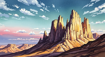 Magnificent desert landscape painted in watercolor under a vibrant sunset sky, showcasing towering rock formations and rugged terrain © Beny Qurdy