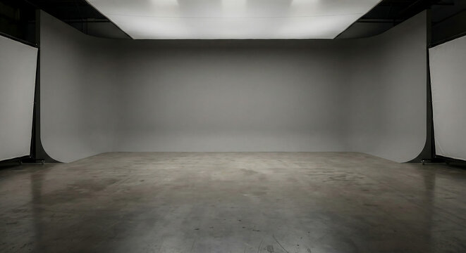 Photorealistic empty grey cyclorama studio interior with overhead diffused lighting and copy space