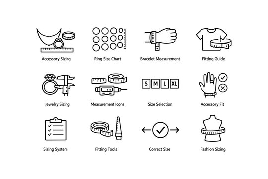 Measurement icons for jewelry, clothing, and accessories sizing and fitting guidance