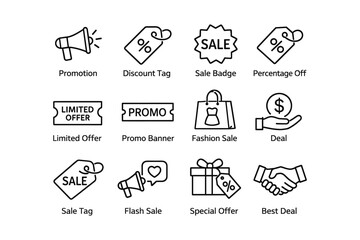 Fototapeta premium Sale and promotion icons set featuring megaphone, tags, shopping bag, gift, and handshake