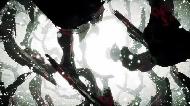 Wide video of dark, shifting grunge shapes like eroded metal, with crimson, green, and flickering white micro-particles, creating a dynamic industrial art concept