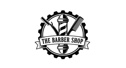 Obraz premium Vintage Barbershop Emblem with Gear, Barber Pole, Razor, and Scissors on Isolated White Background
