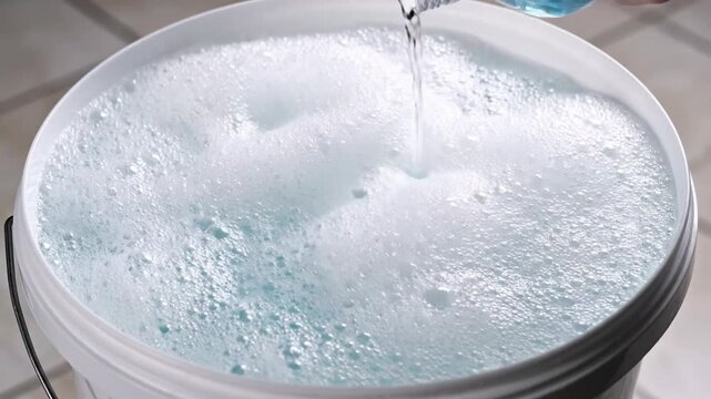 Process of creating a soapy solution by pouring liquid into water within a bucket