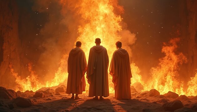 Three men in robes stand before massive fiery furnace. Unburnt by intense flames, miracle suggesting divine protection. Biblical scene evokes powerful faith, resilience against adversity.