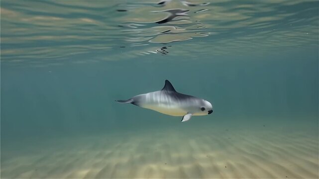 Rare vaquita porpoise swimming in the clear blue ocean water 