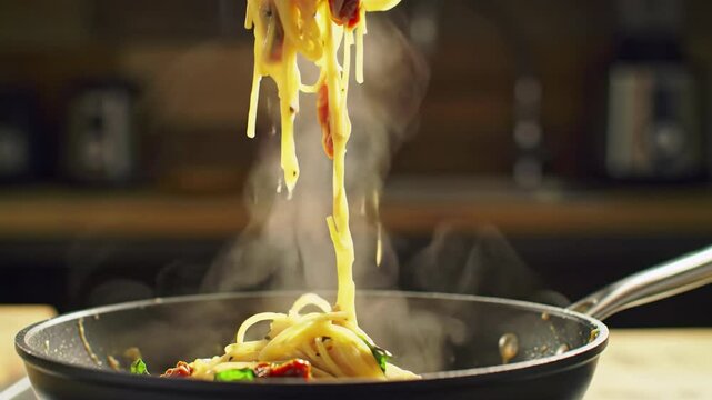 An extreme close-up video of golden spaghetti pasta, rich alfredo sauce, red sun-dried tomatoes, basil, lifted by tongs in ultra slow-motion, soft bokeh kitchen. Culinary perfection atmosphere