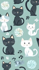 Fototapeta premium Numerous felines gathered playfully on vibrant azure background capturing domestic animal serenity and charm.