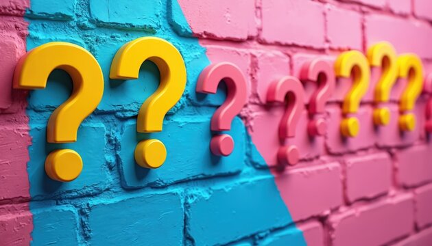 Row of large yellow, pink question marks on colorful brick wall background. Question symbols raised, creating playful, thought provoking texture. Visually striking image suggests curiosity, inquiry.