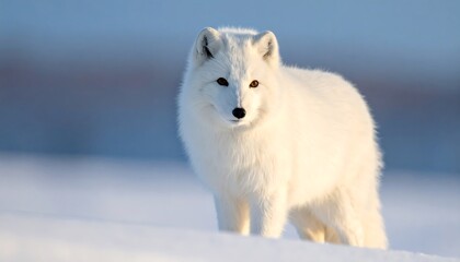A stunning portrait of a white fox, standing in a snowy landscape with blue sky