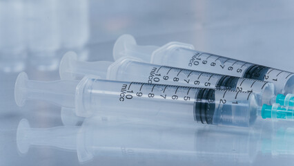 Medicine, Injection, vaccine and disposable syringe isolated, drug concept. Sterile vial medical....