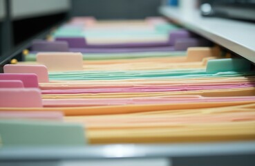 Colorful hanging file folders organized in office drawer. Assorted papers neatly stored for easy access. Business document management system, filing cabinet detail.