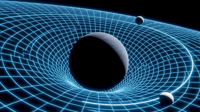Scientific Visualization of Gravity Bending Space Time with Blue Laser Grid Curving Around a Dark Planet and Orbiting Moon
