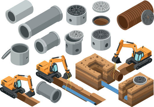 Concrete Pipe Construction and Drainage System Installation Isometric View