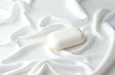 Solid white soap bar rests on flowing white silk fabric. This clean hygiene object signifies purity and natural care for skin or body. Ideal for bath, spa or wellness visuals.
