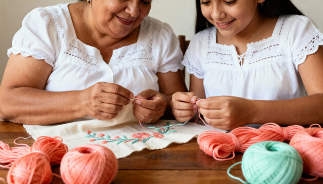 Hispanic grandmother teaching her granddaughter how to embroider. Family bonding while learning a traditional handmade craft at home