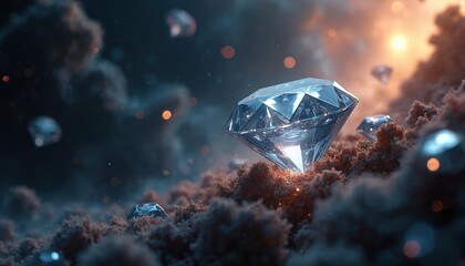 Fototapeta premium Sparkling diamonds float within a dark cosmic dust cloud, emitting soft light. Gems appear in space, illuminated by distant stars and nebulae, hinting at luxury and value.