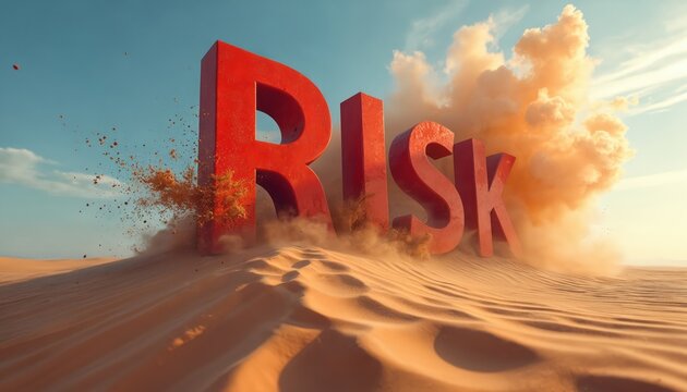 Giant red letters spell RISK erupting in sand and smoke across a desert landscape. This symbolizes the danger and challenges of taking chances in uncertain environments, demanding courage.