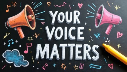 Fototapeta premium Chalkboard message Your Voice Matters with two megaphones and colorful doodles. Features a yellow crayon for drawing. Bright, motivational, and expressive art.