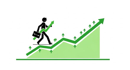 Business man climbing green upward trend graph with briefcase.