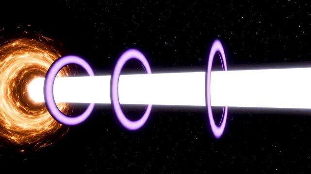 Side-view 8K scientific visualization of a quasar emitting a laminar white-hot plasma jet with sharp purple magnetic rings in deep space