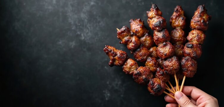 Hand holds grilled lamb skewers with dark char marks against black backdrop. Juicy meat pieces roasted on sticks, perfect for food ads or recipes.