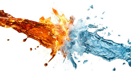 Intense clash of fiery orange liquid and cool blue water in a dramatic splash. Powerful element for fantasy, energy, and conflict themes. PNG format, transparent background.