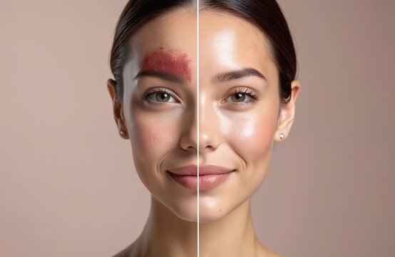 Woman face split showing hypertrophic scar tissue. Before and after laser treatment for scar removal. Skin healing progress, cosmetology result. Healthy facial skin achieved.