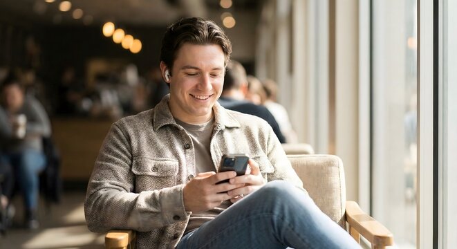 Man using smartphone on sofa in living room