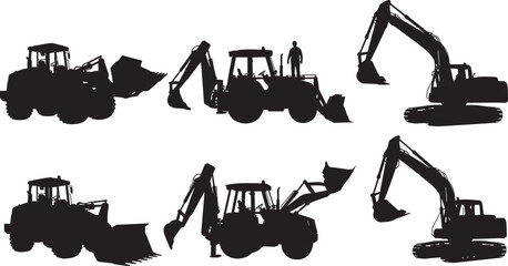 Black and white silhouette of a large hydraulic excavator loading soil into a heavy dump truck for construction site excavation and industrial earthmoving projects. © Shuvo's World