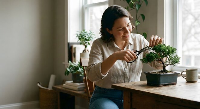 Woman pruning bonsai tree at home window