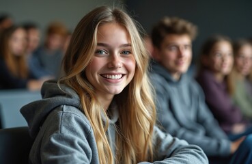 Fototapeta premium Young woman smiles happily in a classroom. Students sit in lecture hall, listening attentively. Education and learning environment, future success.