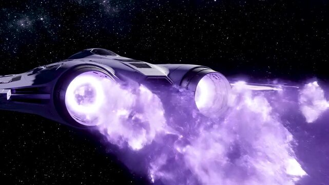 Rear-view 8K shot of a spacecraft accelerating with glowing violet antimatter shock diamonds, symmetrical exhaust crystals in deep space